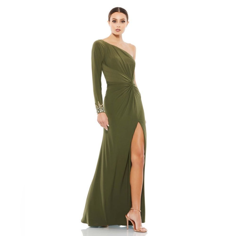 NWT Mac Duggal One Sleeve Beaded Cuff Side Twist Gown Olive 8 55696